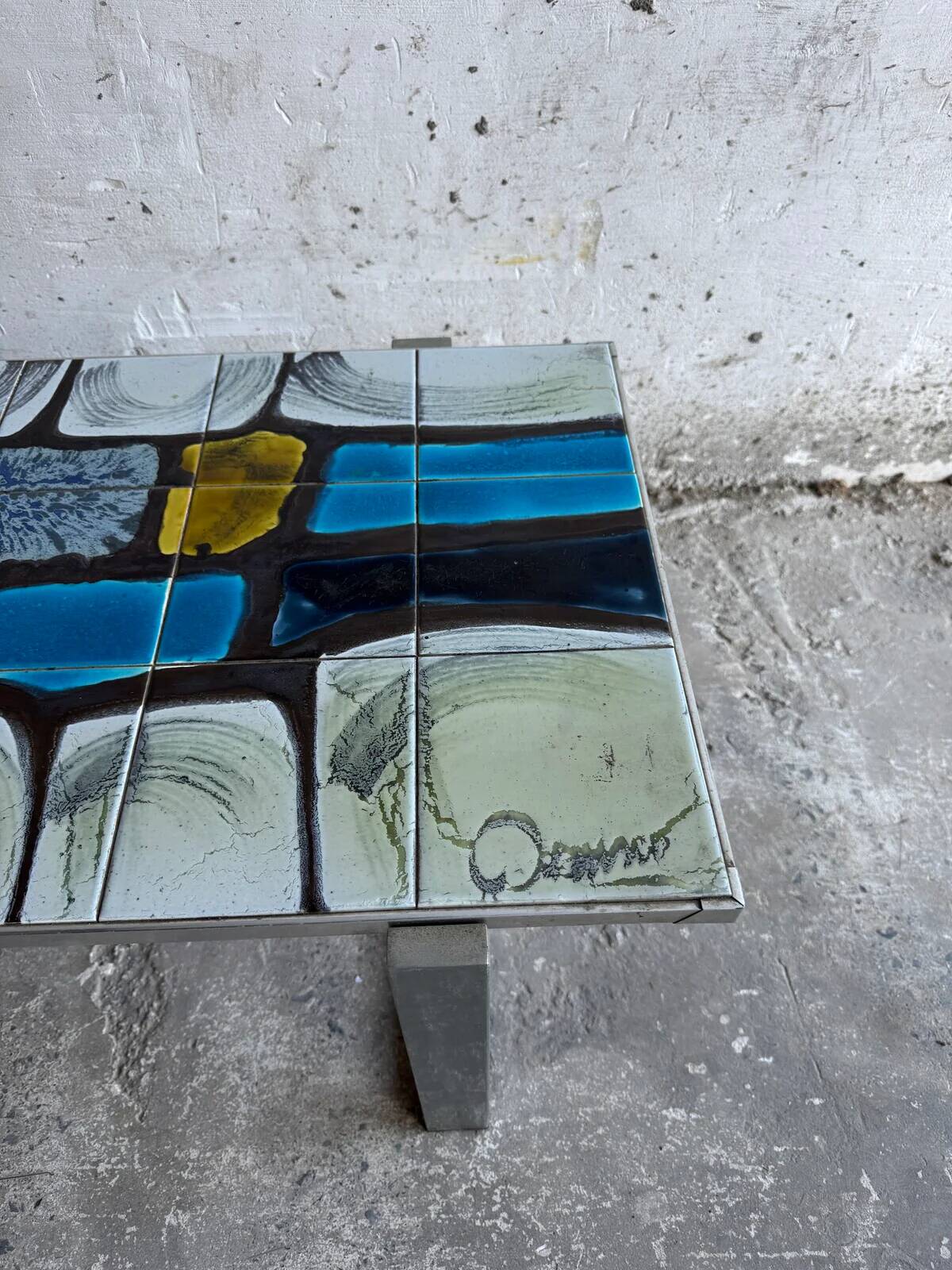1970s Belgian Ceramic Mosaic Coffee Table by Belarti/Denisco — Multicolour Tiles, Black Metal Frame