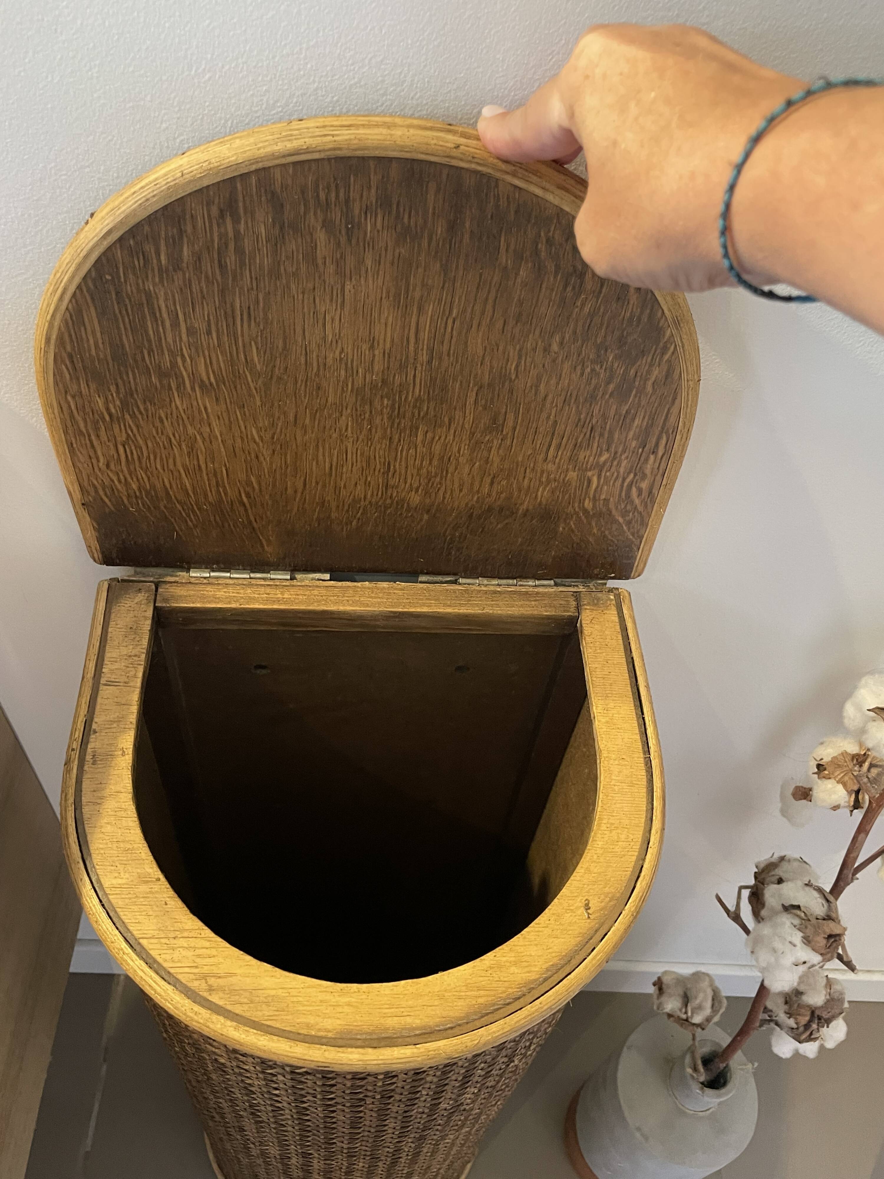 Wooden and cane storage basket with lid