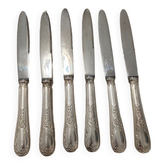 Set of 6 cheese or dessert knives in vintage silver metal