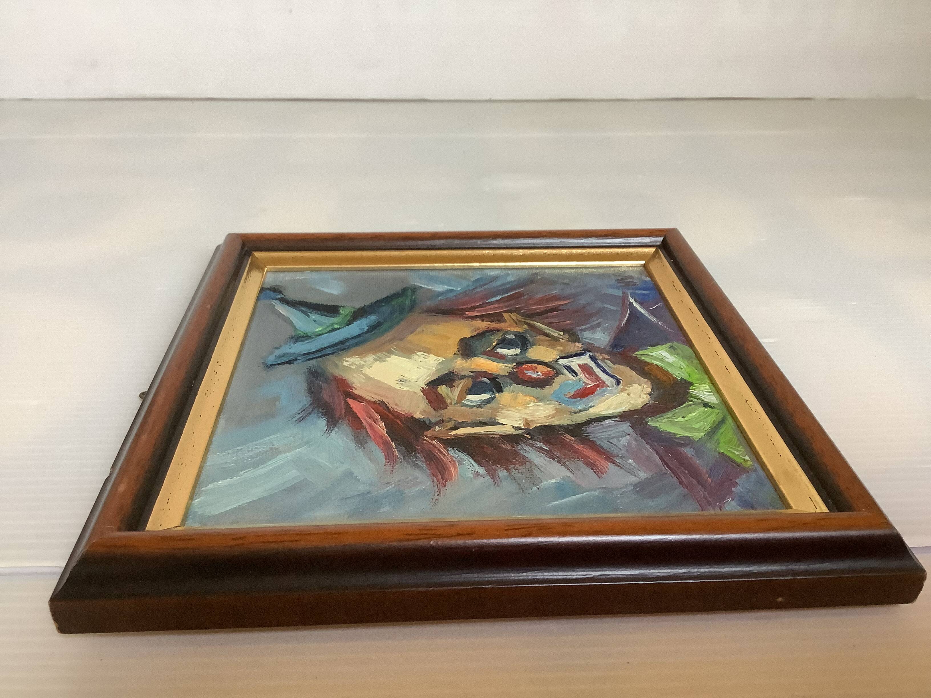 Small clown painting, oil on panel, signed