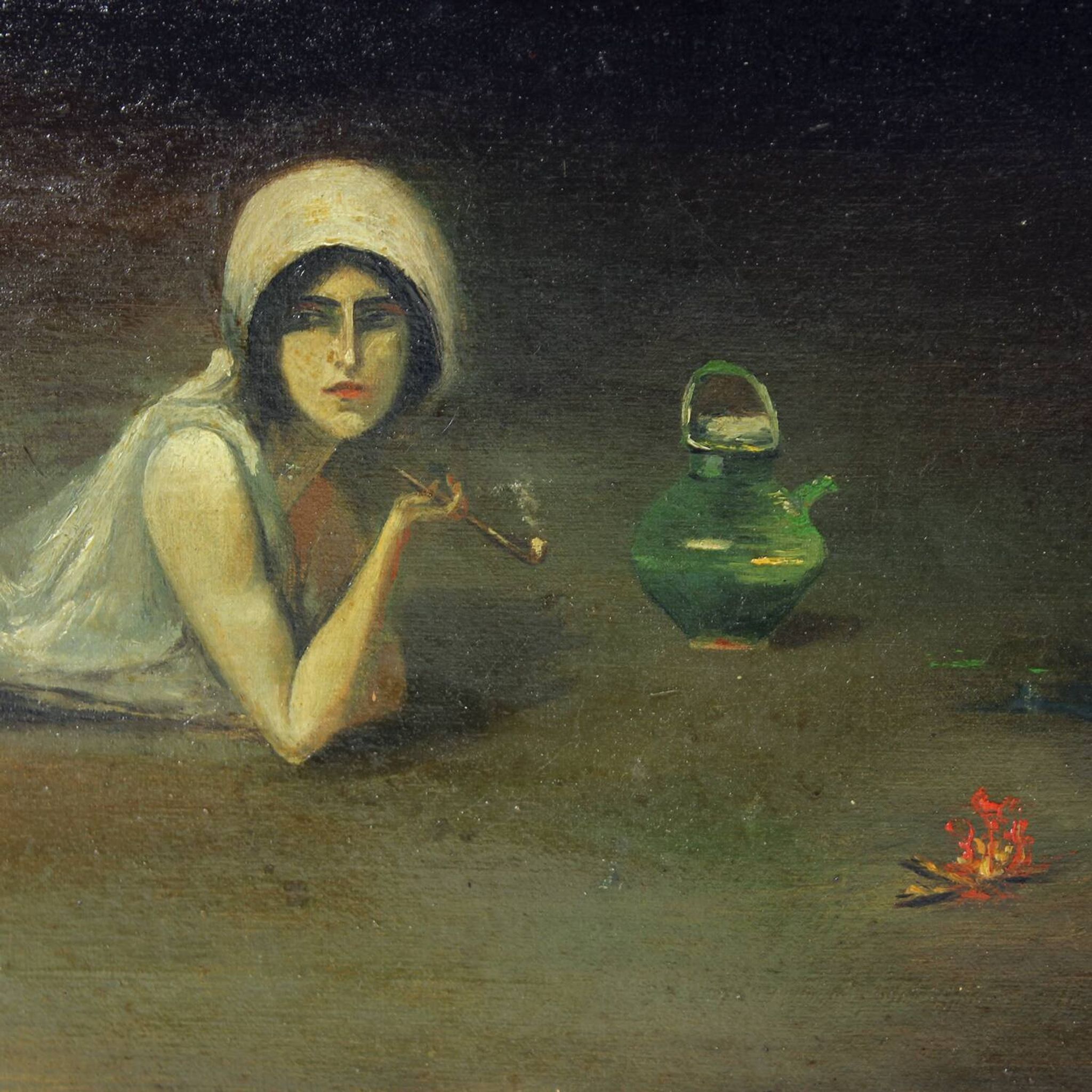 Peinture à l'huile vintage d'une gitane de Zamutov, Tchécoslovaquie, années 1940