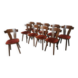 Lot of 10 Vintage Tyrolean Dine Chairs with Red Fabric Seat / Original Mundus Wooden Cottage