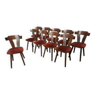 Lot of 10 Vintage Tyrolean Dine Chairs with Red Fabric Seat / Original Mundus Wooden Cottage