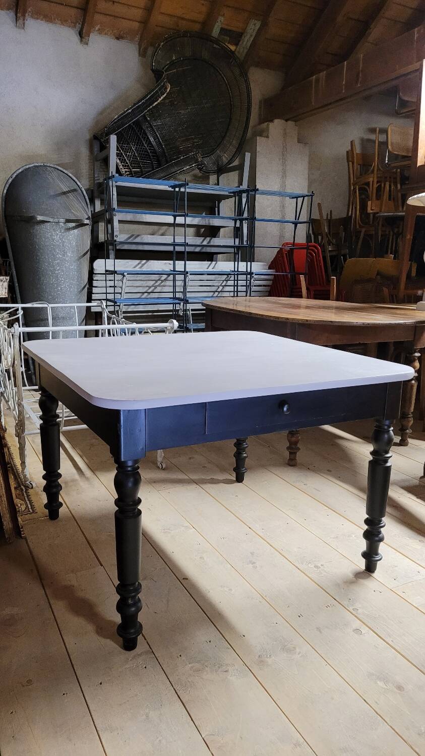 Antique patinated bistro farmhouse table, one drawer