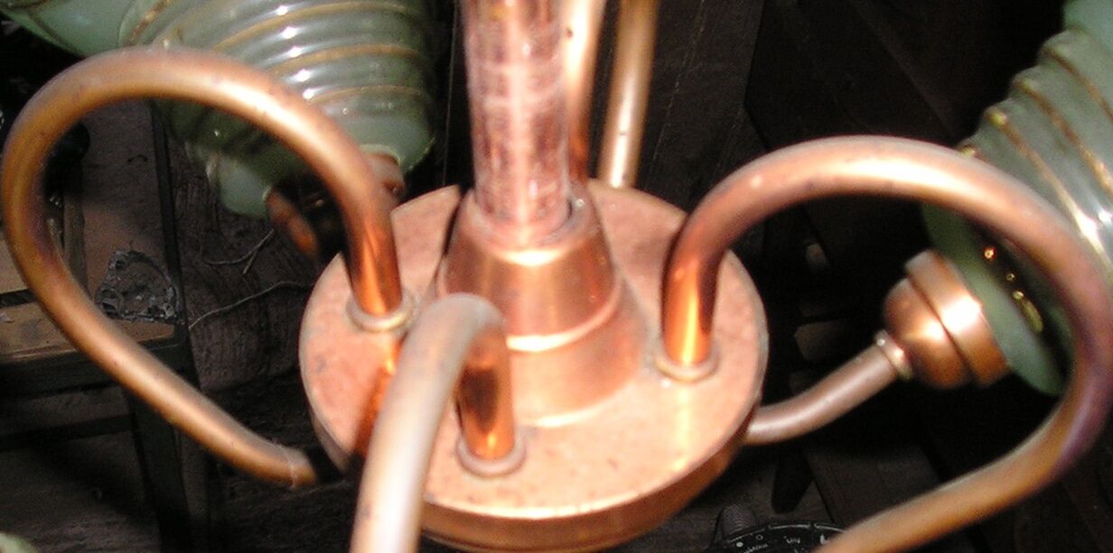 4-light copper and glass pendant chandelier, vintage 1950s