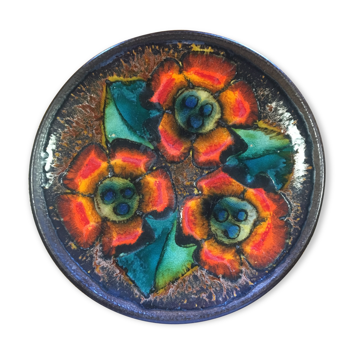 Enamelled sandstone plate with floral decoration