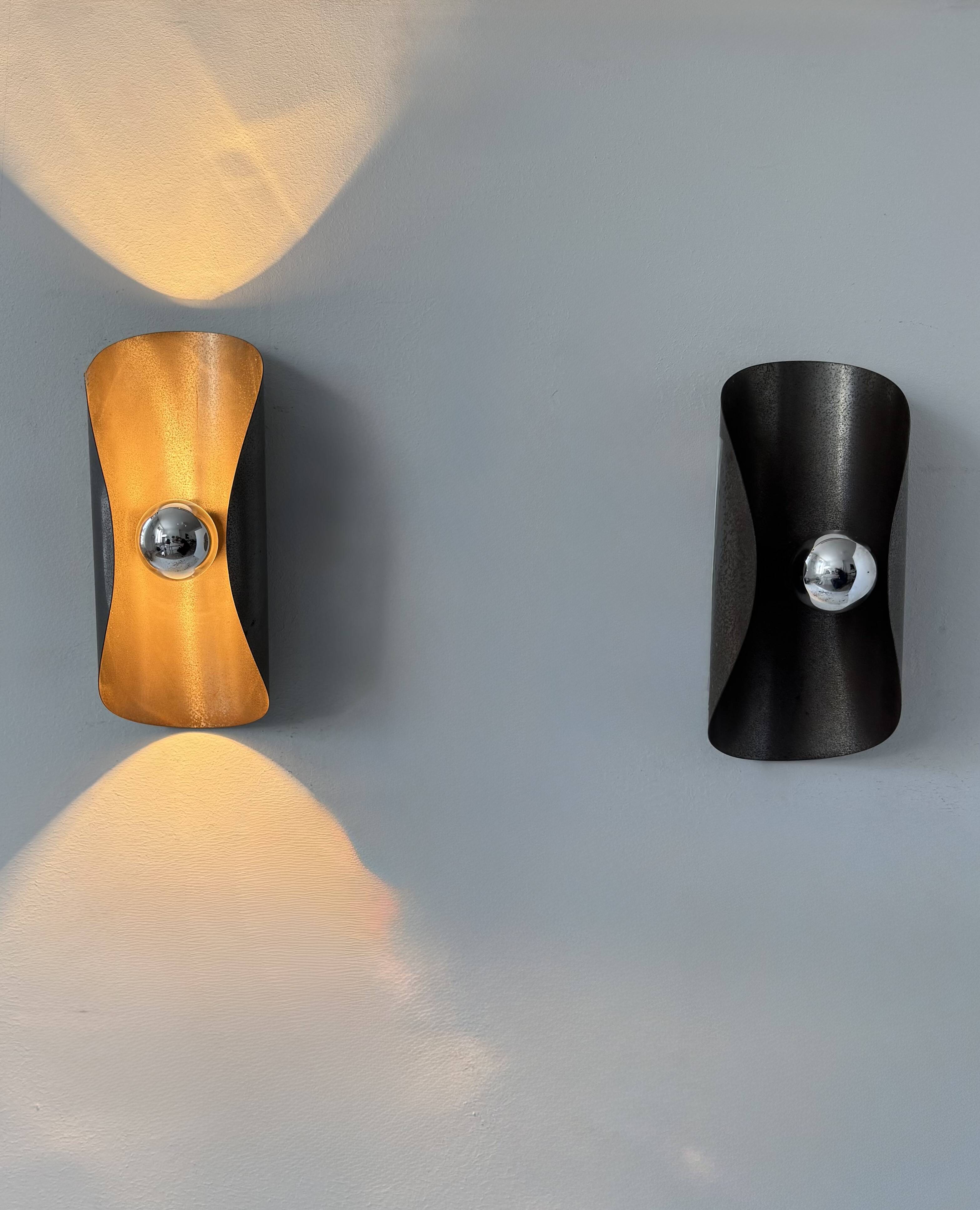Pair of vintage wall sconces, bent steel, France, 1970