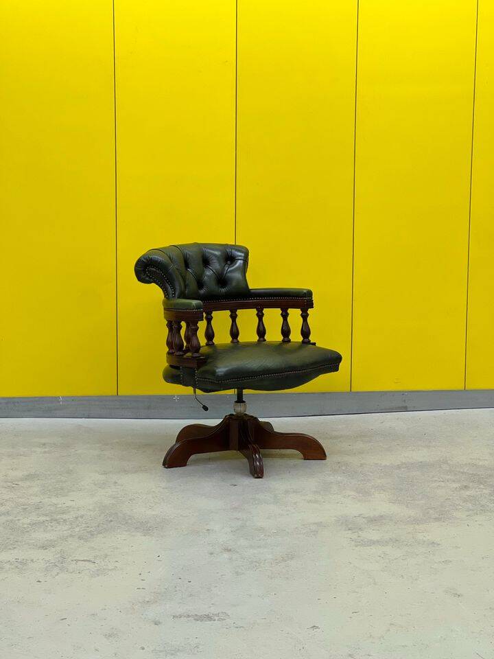 Chesterfield Revolving Captain's Chair with Green Leather Upholstery