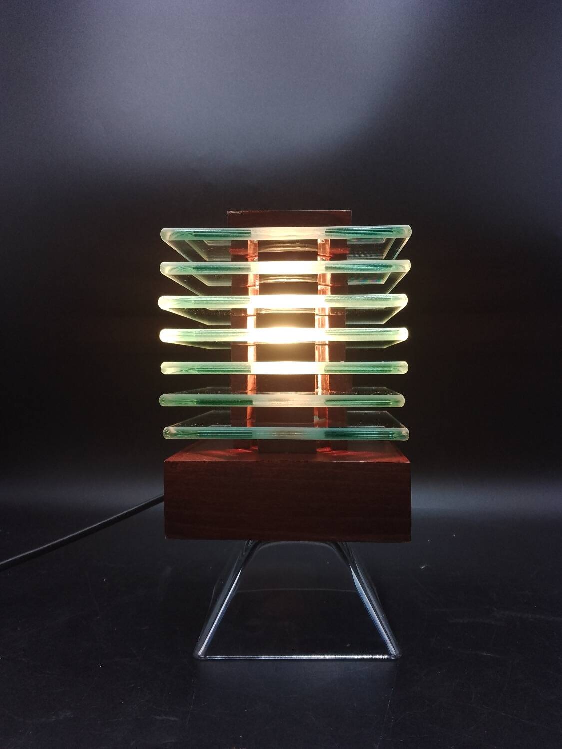 Desny Demeter glass and wood lamp, modernist art deco reissue