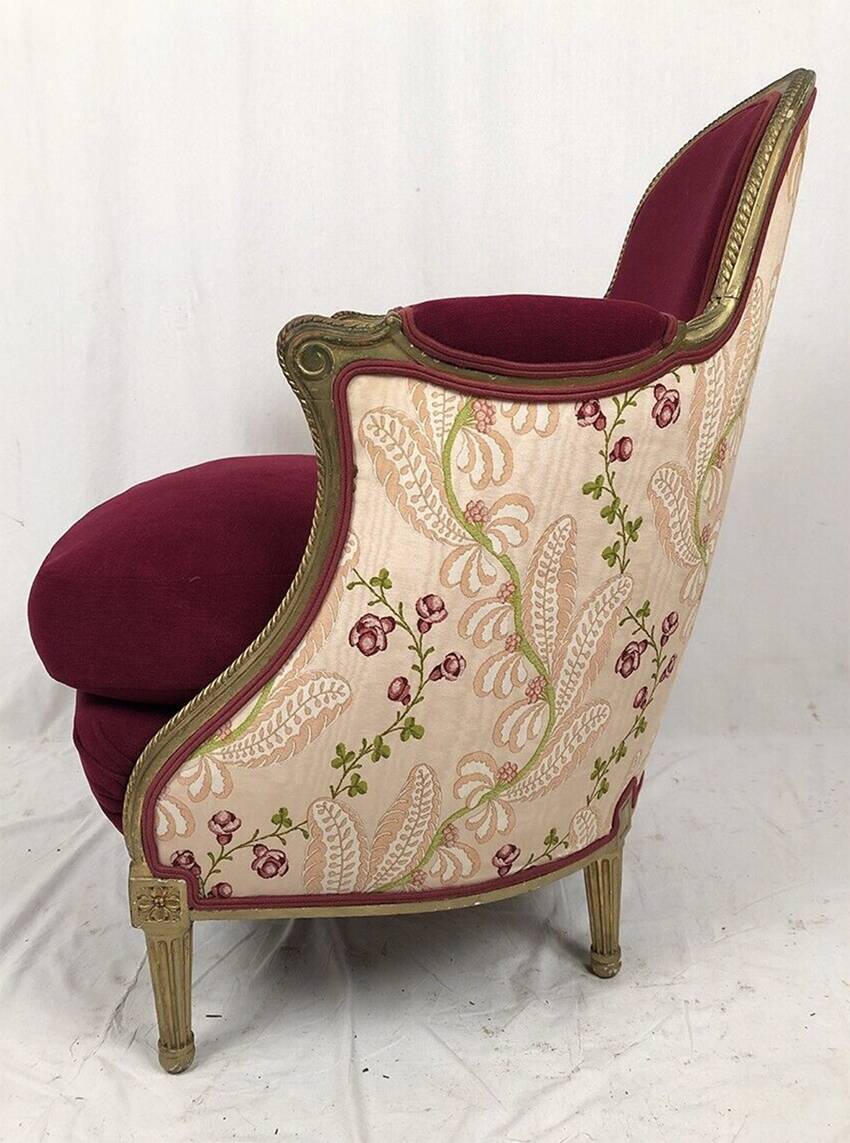 Bergère in gilded wood trimmed with fuchsia silk and velvet, art deco inspired by Louis XVI