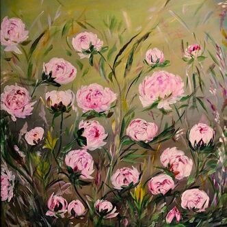 Peony fields painting, signed and delivered with its certificate