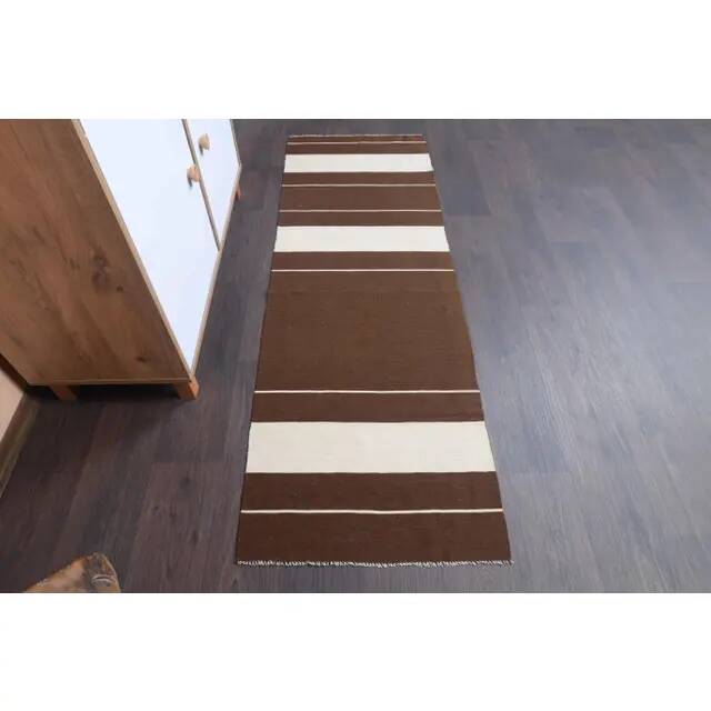 Vintage Turkish Hand-Knotted Wool Cotton Brown Kilim Runner Rug 60x176