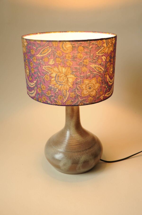 Lampe Vintage Céramique - Abat-Jour Indien Fleurs Violet - Style Années 70