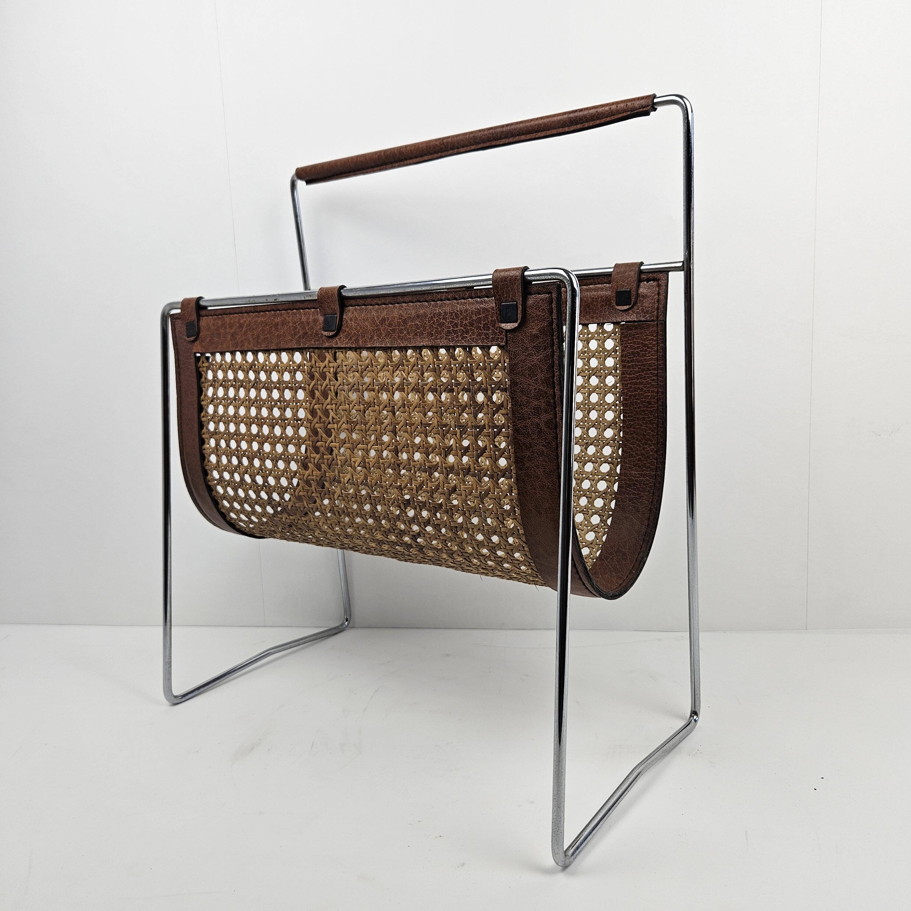 Italian Magazine Rack with Rattan, 1980's
