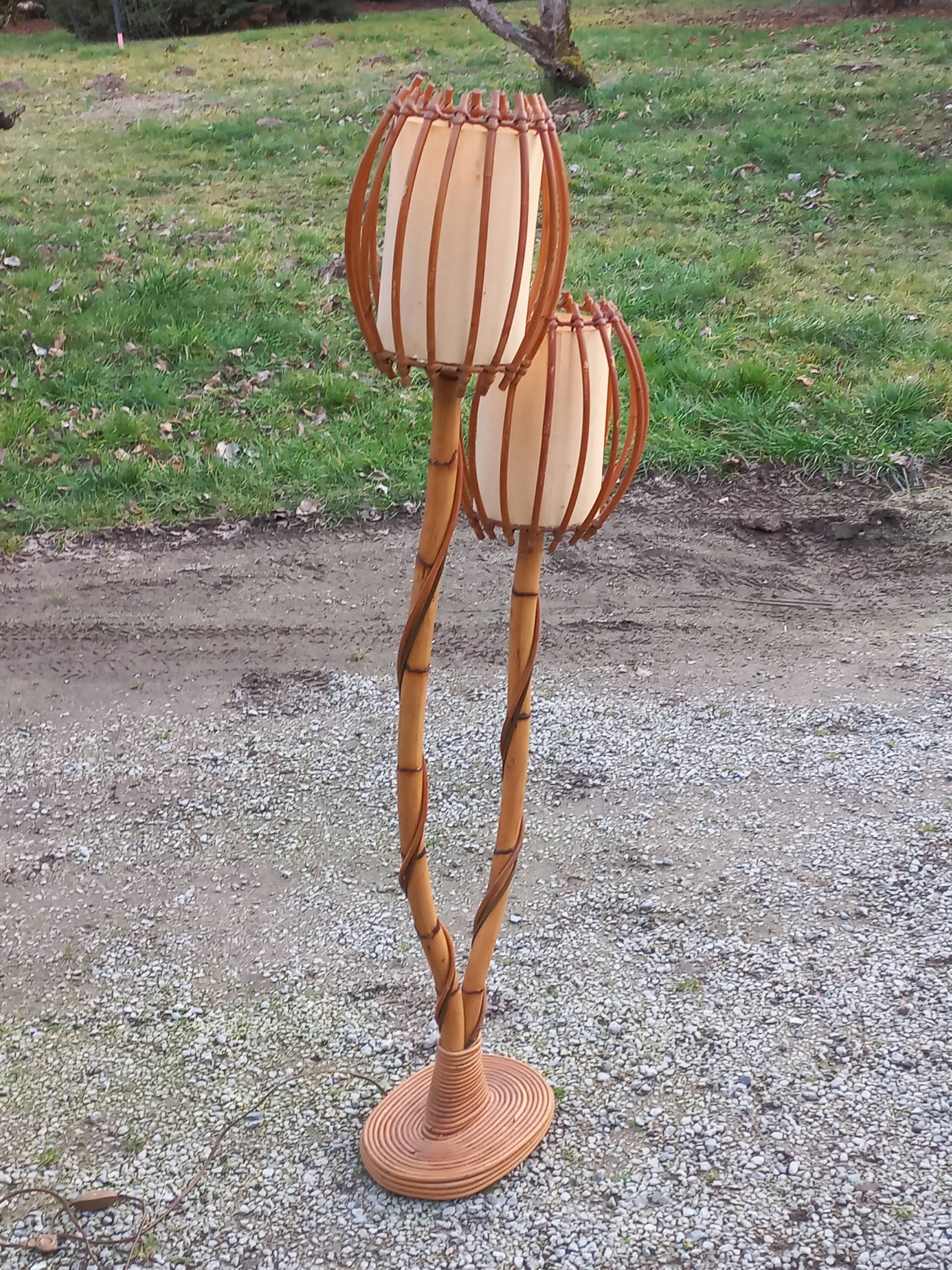 Bamboo and rattan floor lamp 2 lights from the 70s