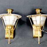 Pair of Sconces or Lanterns, Brass and Glass Maison Lunel, Mid-Century, France