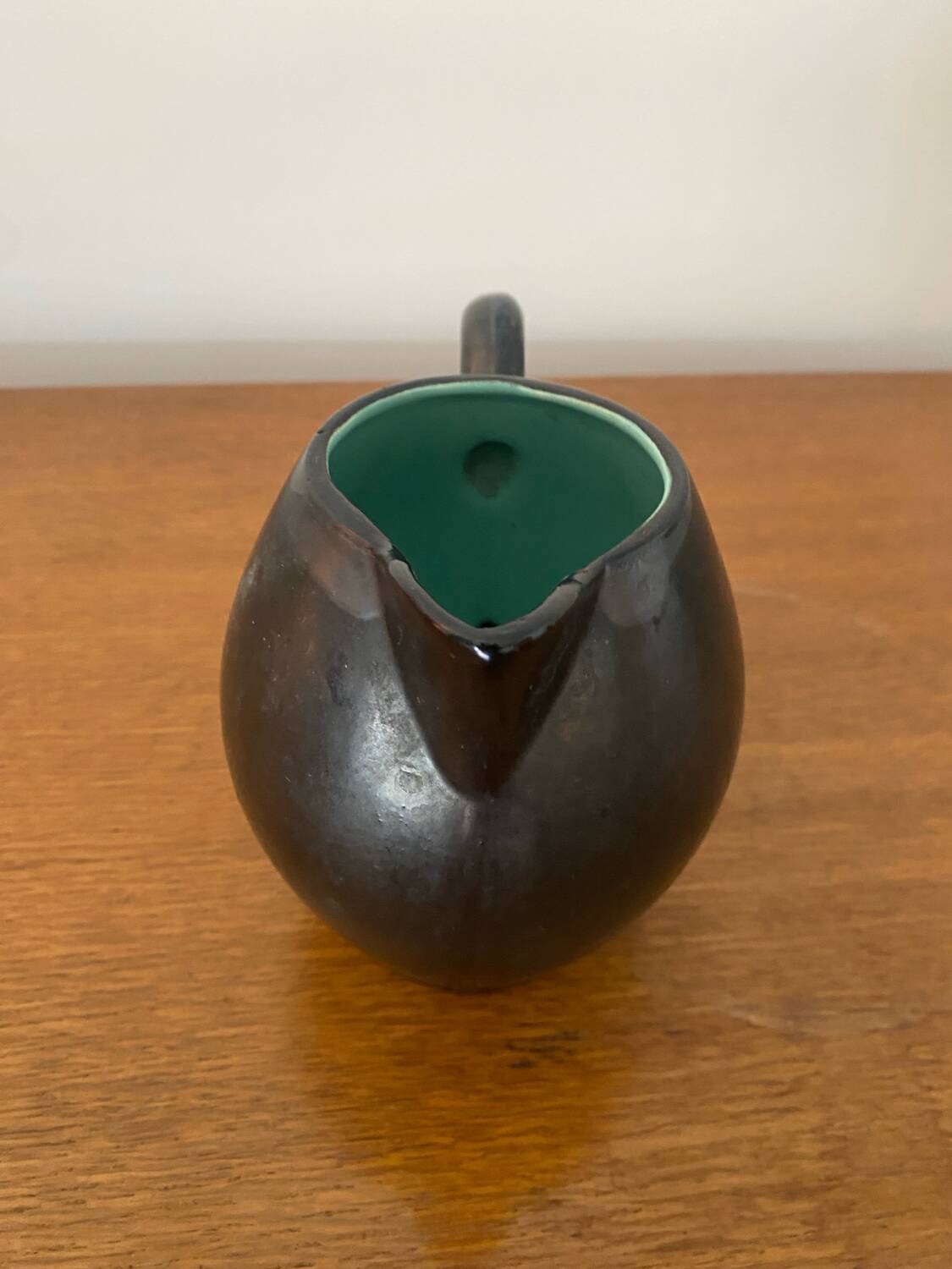 Old ST CLEMENT Ceramic Pitcher Black Green Interior 50's Vintage #B921