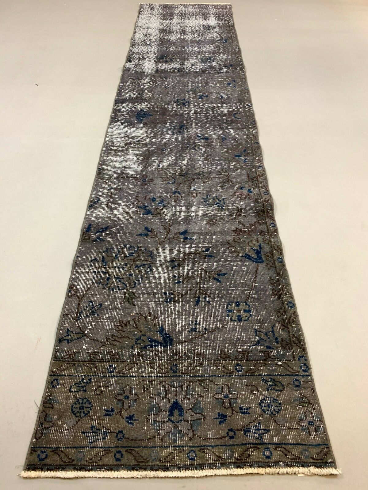 Distressed Turkish Narrow Runner 310x69 cm wool Vintage rug, Overdyed Grey