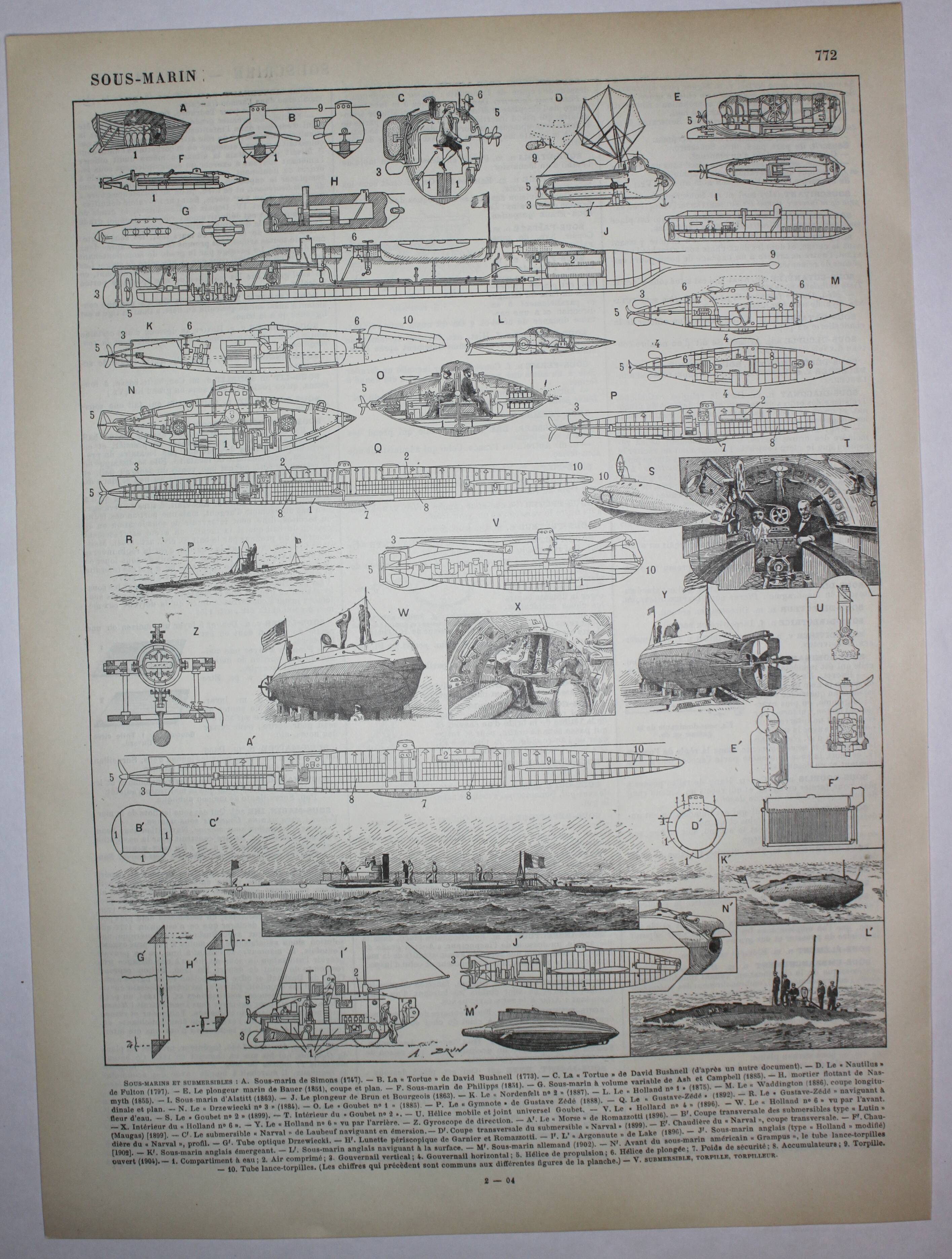 Lithograph • Submarine, submersible, marine • Original engraving from 1898