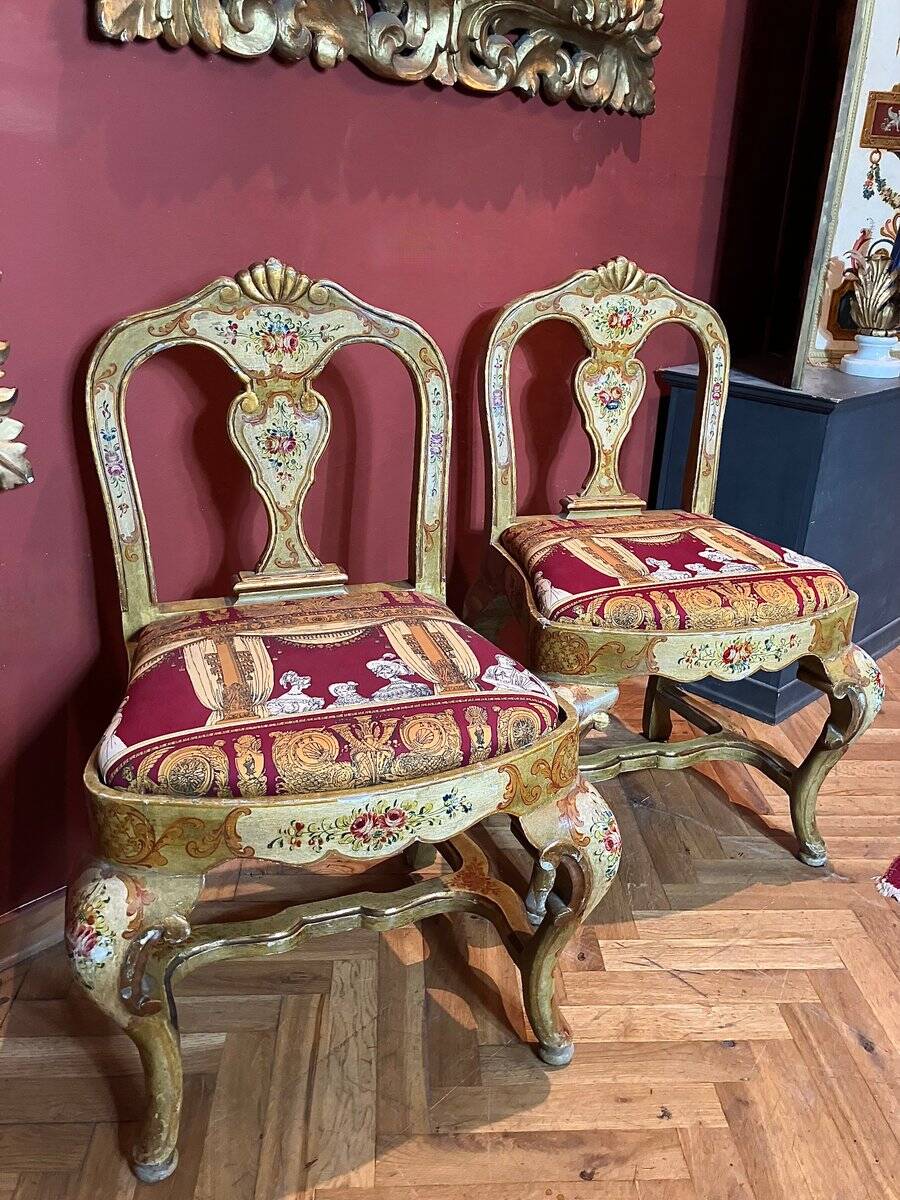 Venetian Lacquered Rococo-Style Armchairs with Hand-Painted Floral Décor and Theater-Inspired Upholstery, Set of 2