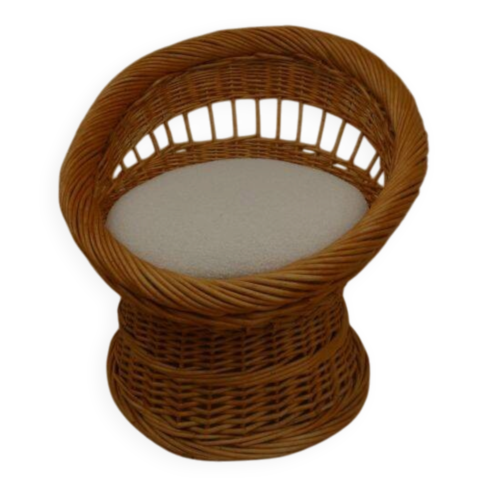 Wicker armchair with a high back and its boucle fabric cushion.