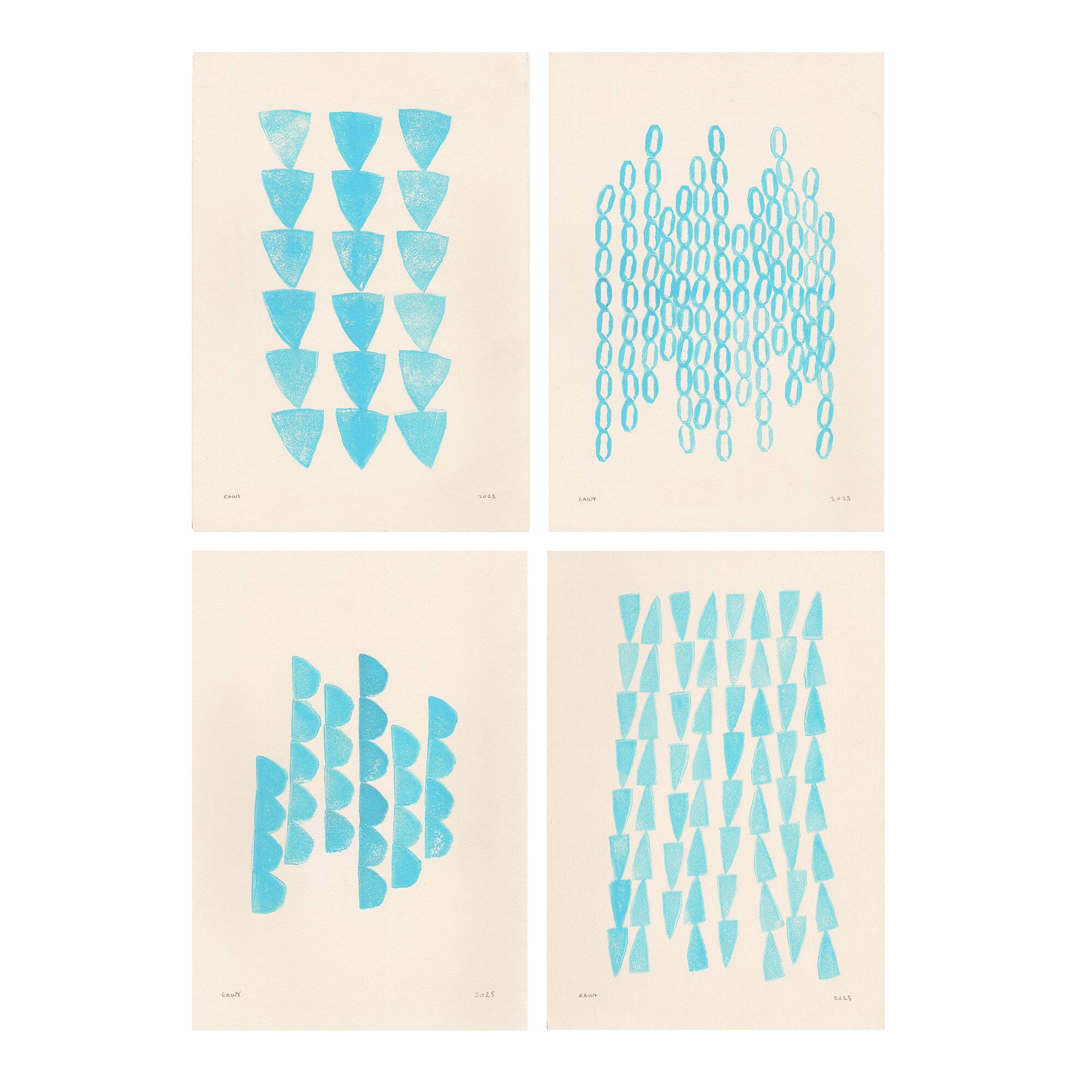 Collection of 4 blue abstract paintings on paper signed Eawy