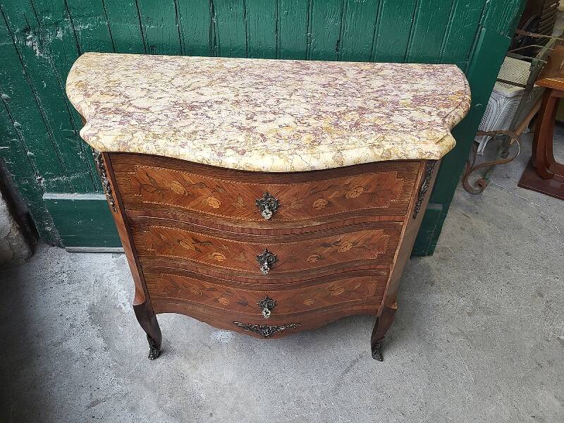 CURVED MARQUETRY CHEST WITH MARBLE TOP 3 ROSEWOOD DRAWERS