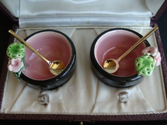 Vintage Keramos Sèvres salt cellars in their case