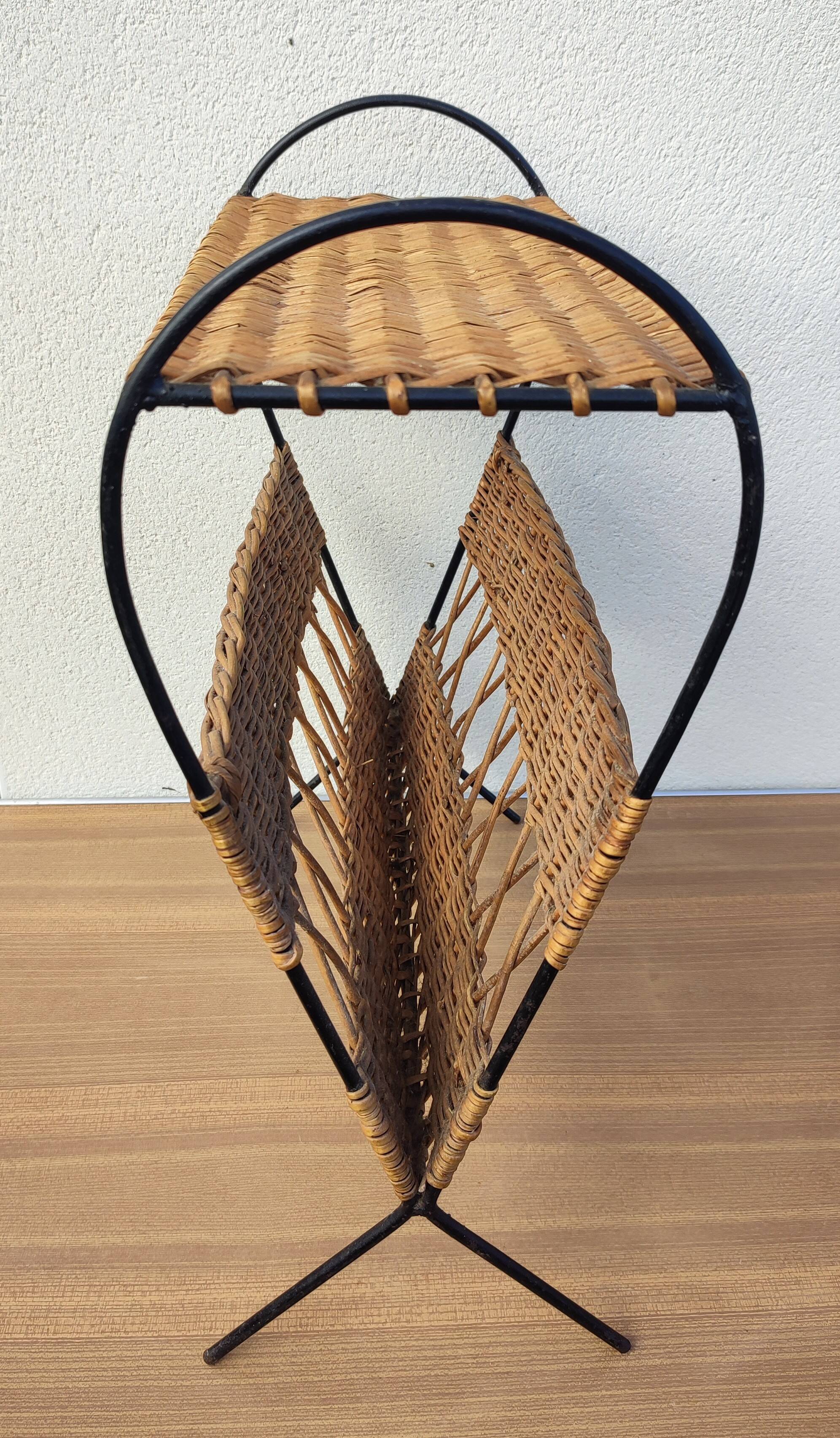 Antique magazine rack made of iron and woven rattan wicker