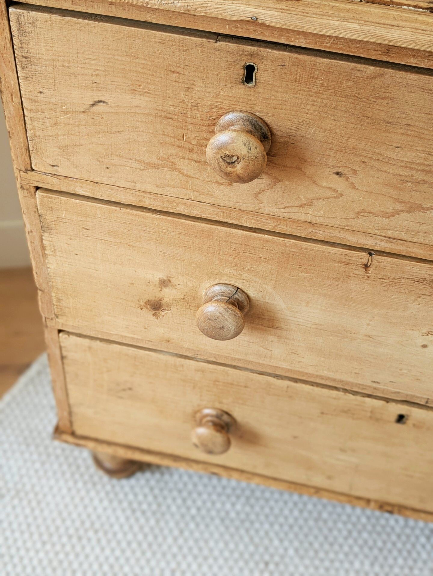 Renovated antique English solid pine chest of drawers.