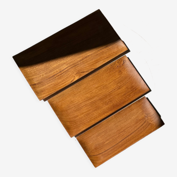 Trio of flat rectangular monoxyl teak trays L:35cm
