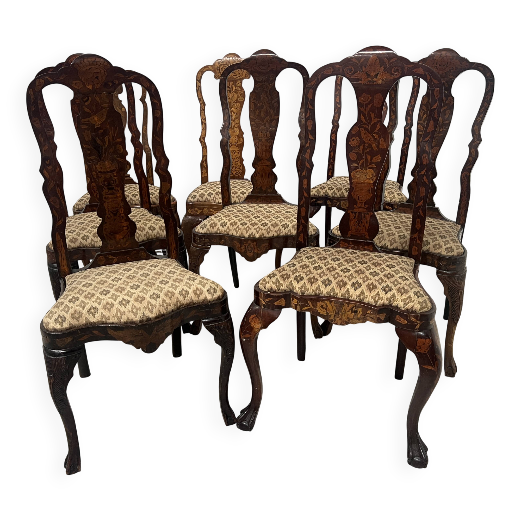 Set of eight Dutch marquetry chairs from the 19th century.