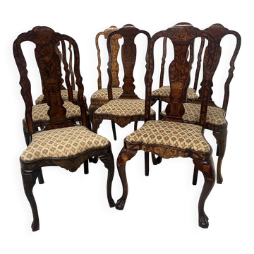 Set of eight Dutch marquetry chairs from the 19th century.