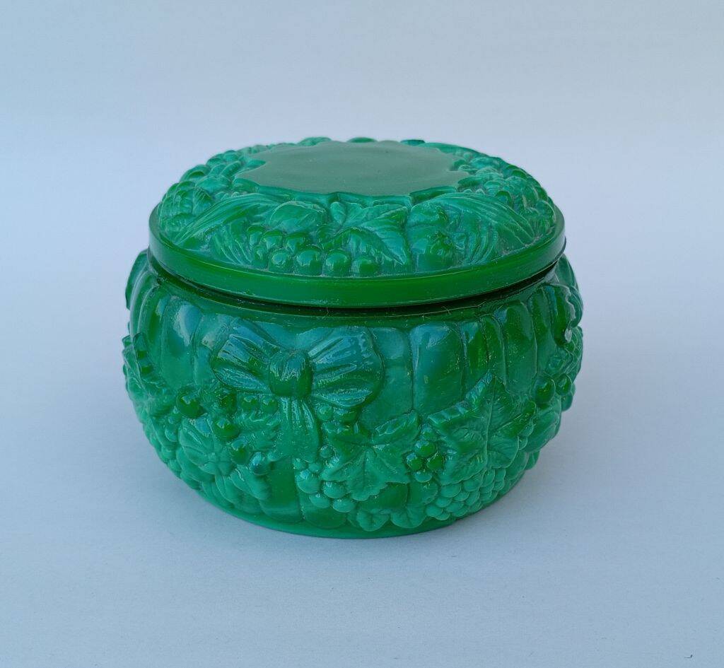 Bohemian handmade malachite glass candy dish or jewelry box.