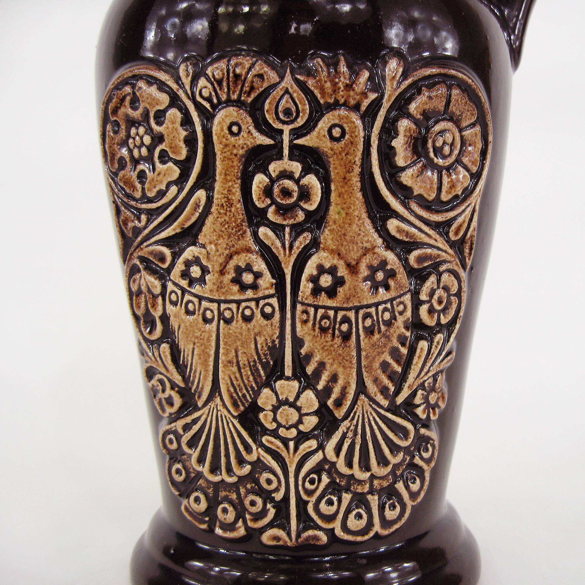 Ceramic pitcher vase - bird and flower decor - vintage 70s