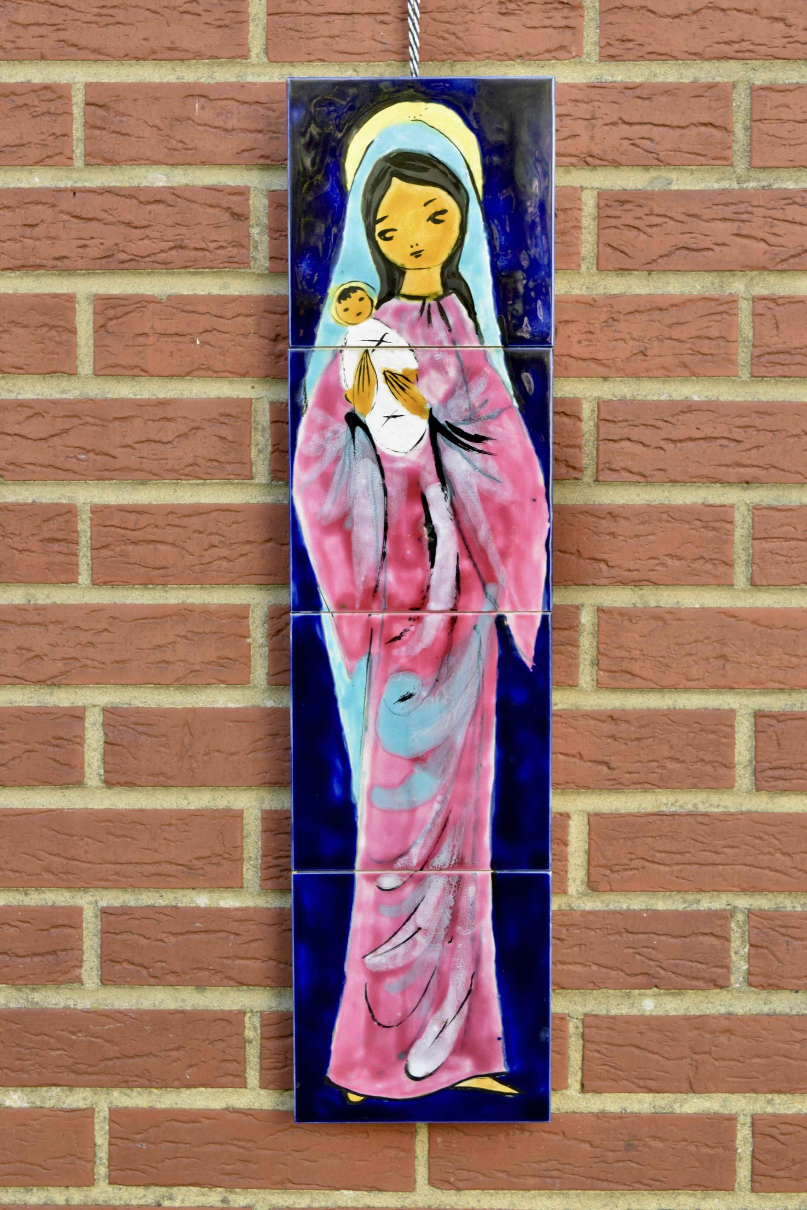 Virgin and Child - ceramic painting signed J.Ortega.