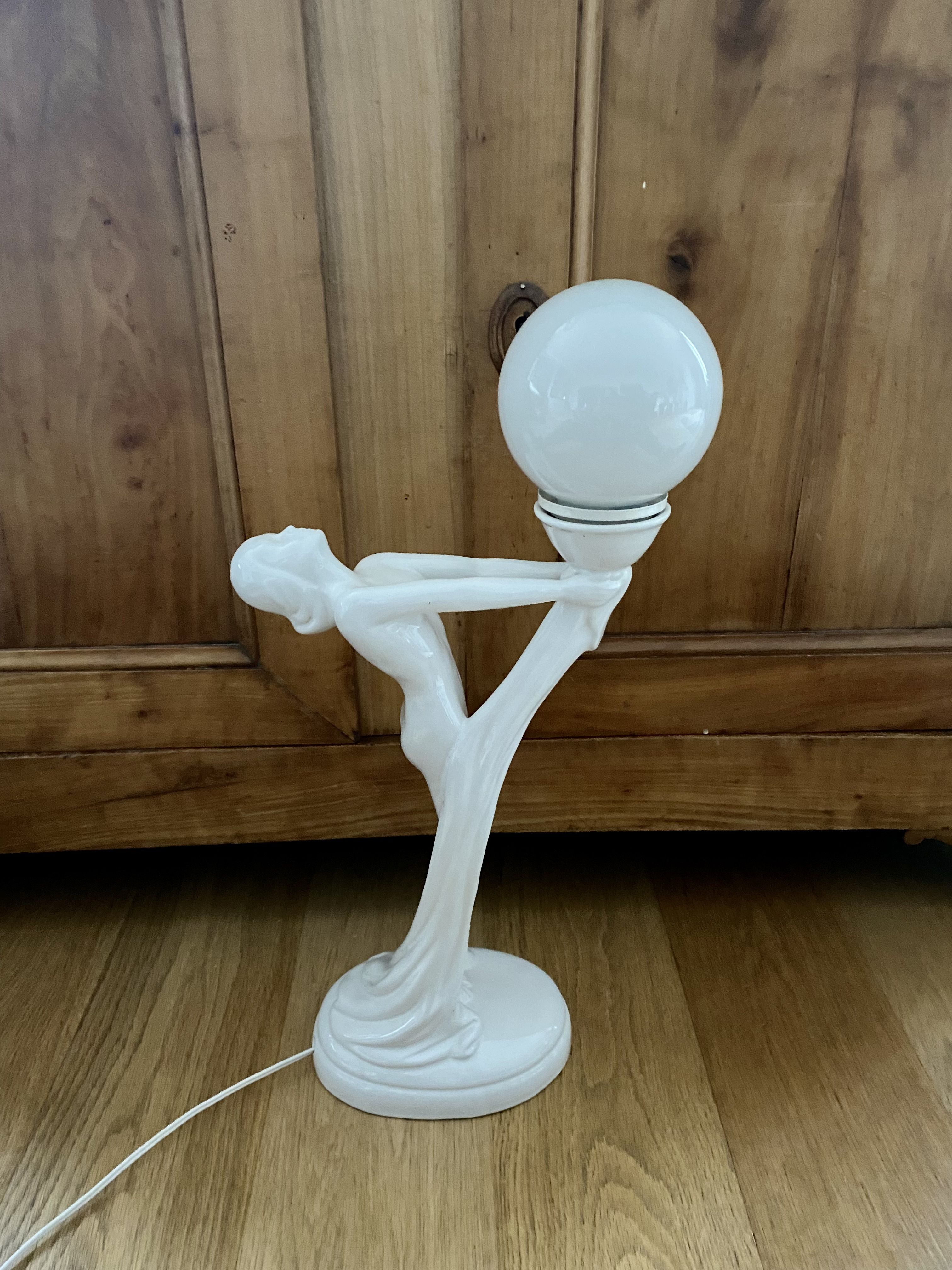 White ceramic lamp and opaline globe woman art deco art nouveau