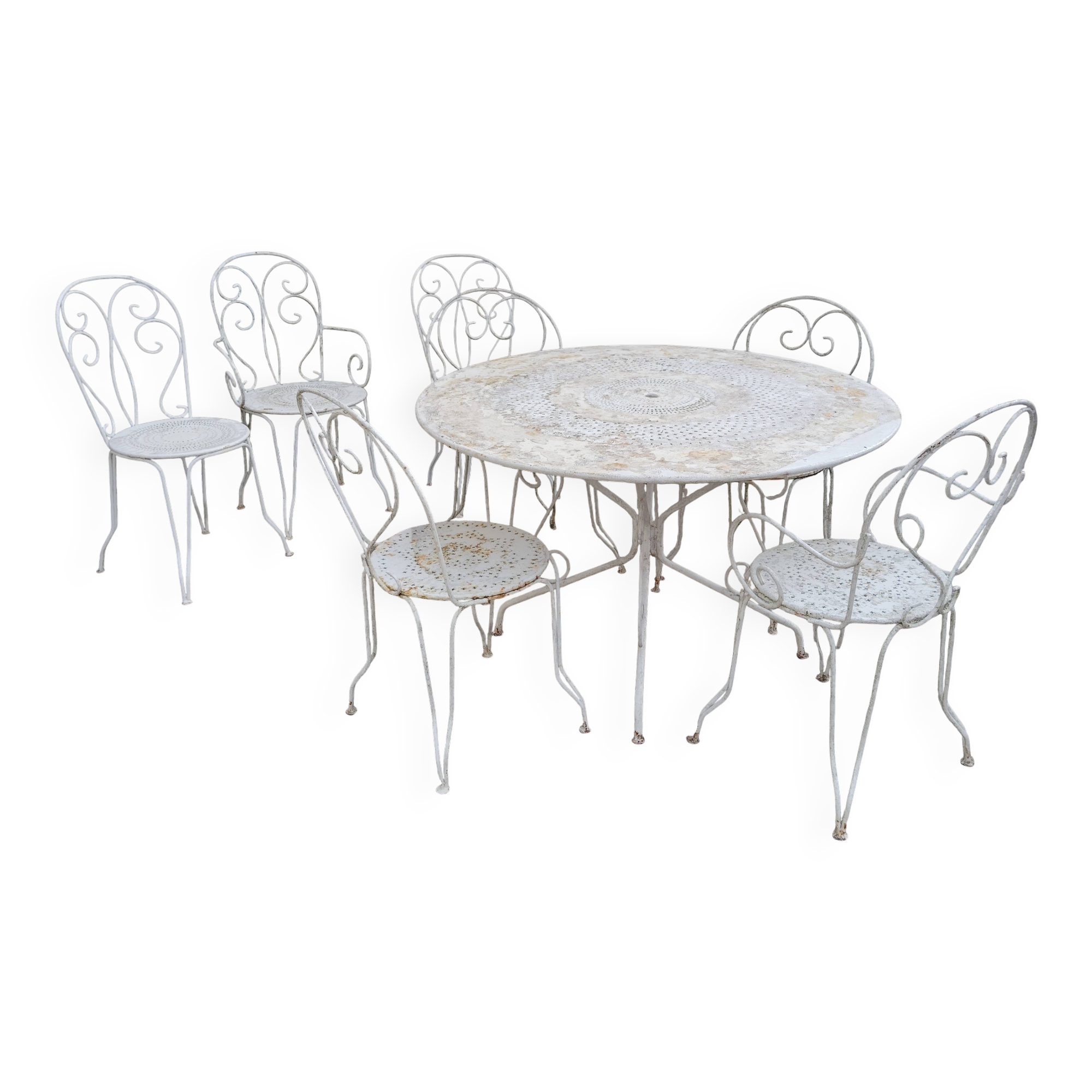 Wrought iron garden furniture from the early 20th century.