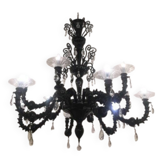 Contemporary Venetian Black Cà Rezzonico Murano Glass Chandelier With Crystals