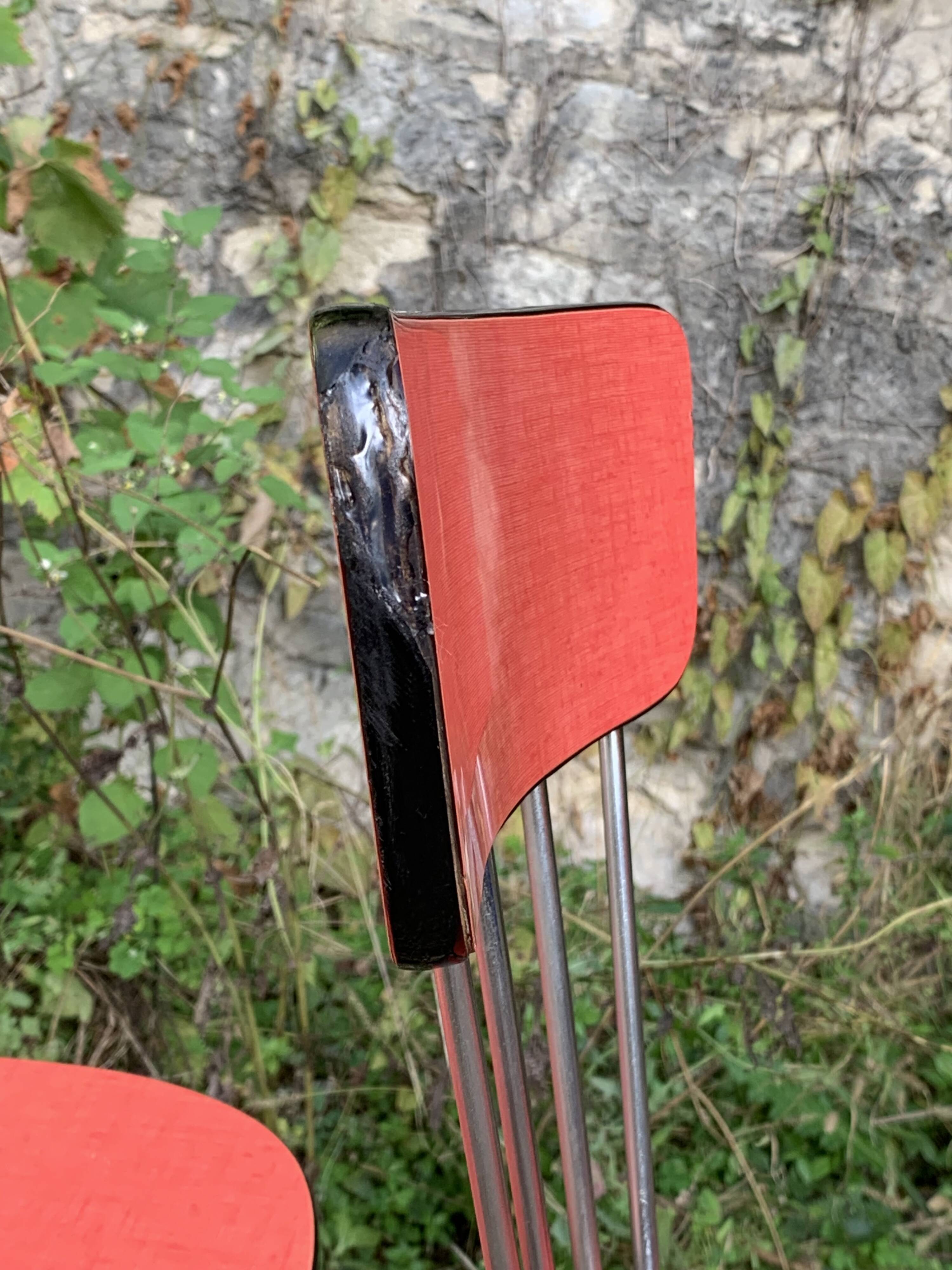 4 red Formica chairs with Eiffel legs, 1950s