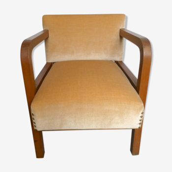 Fauteuil Art Deco en noyer et velours