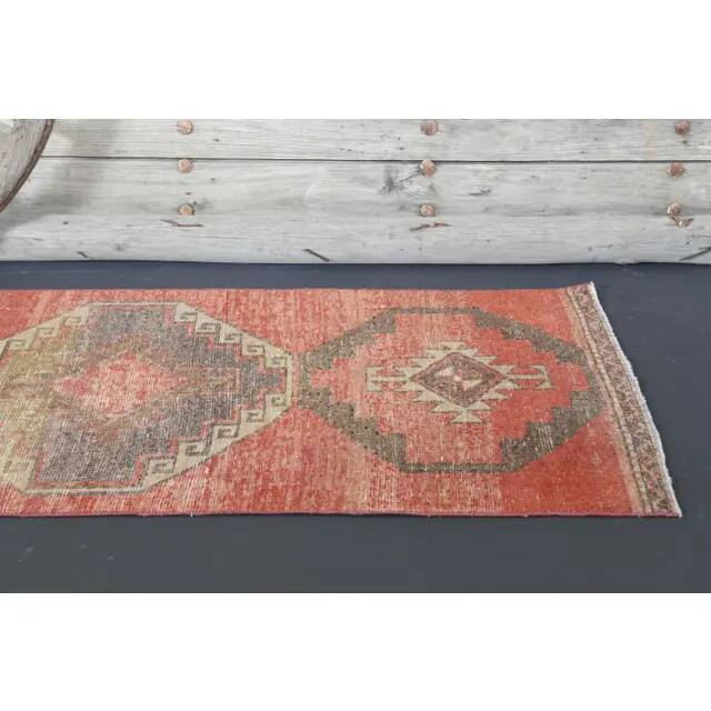 Vintage Turkish Hand-Knotted Wool Cotton Red Runner Rug 85x386