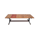 Coffee table 60s top enamelled color red and gold, metal and brass base.