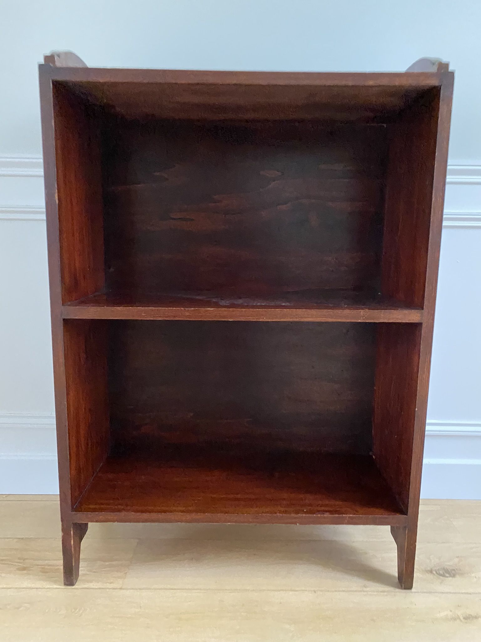 Bookcase vintage natural wood shelves open to three shelves