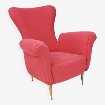 Wingback Red Cotton Armchair with Brass Feet, Italy