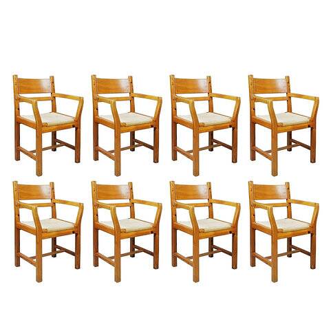 Set of eight pine dining danish chairs with Rope Seat 1980'