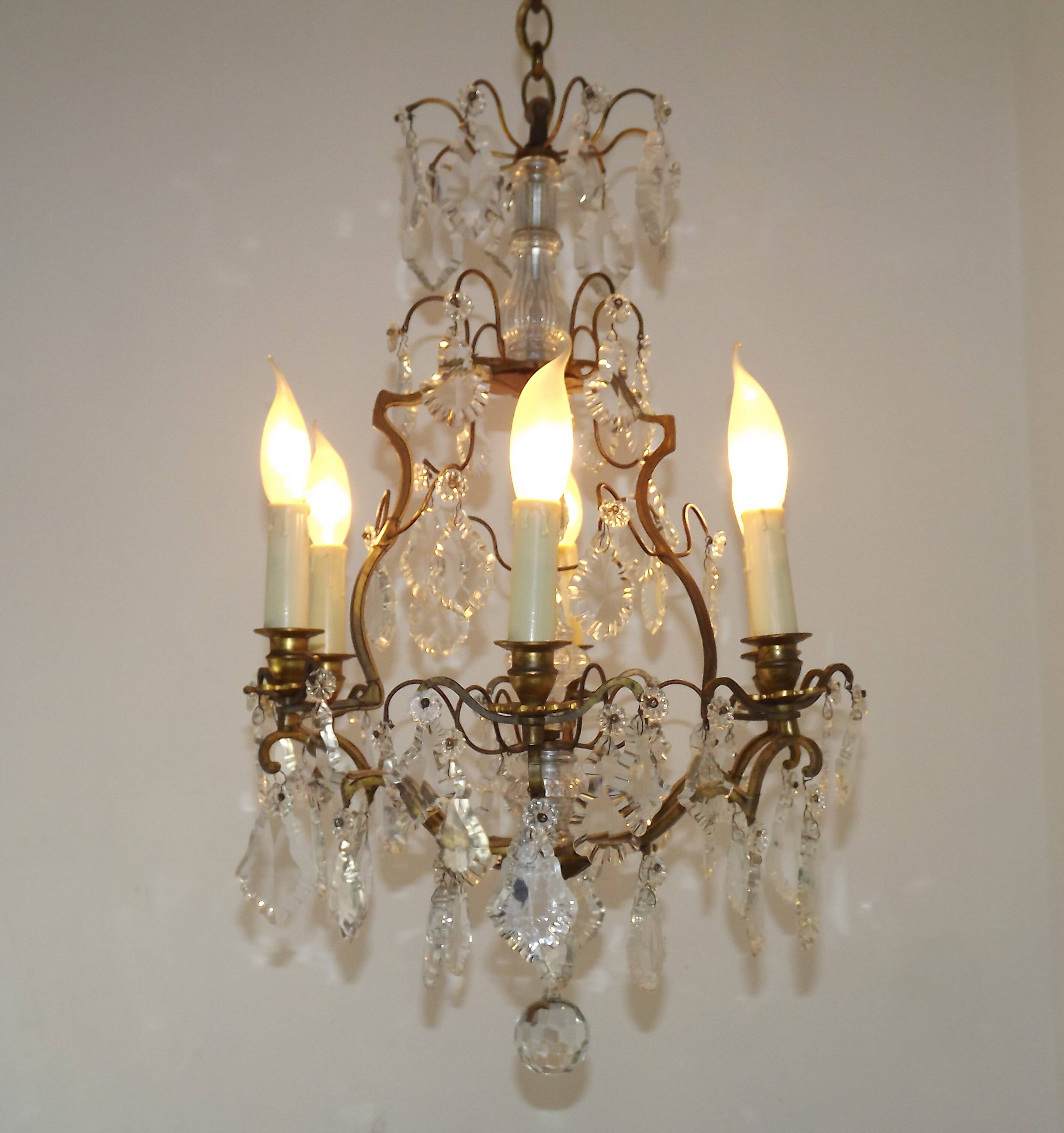 French Bronze and Glass 6 Light Cage Chandelier With Assorted Crystals 5518