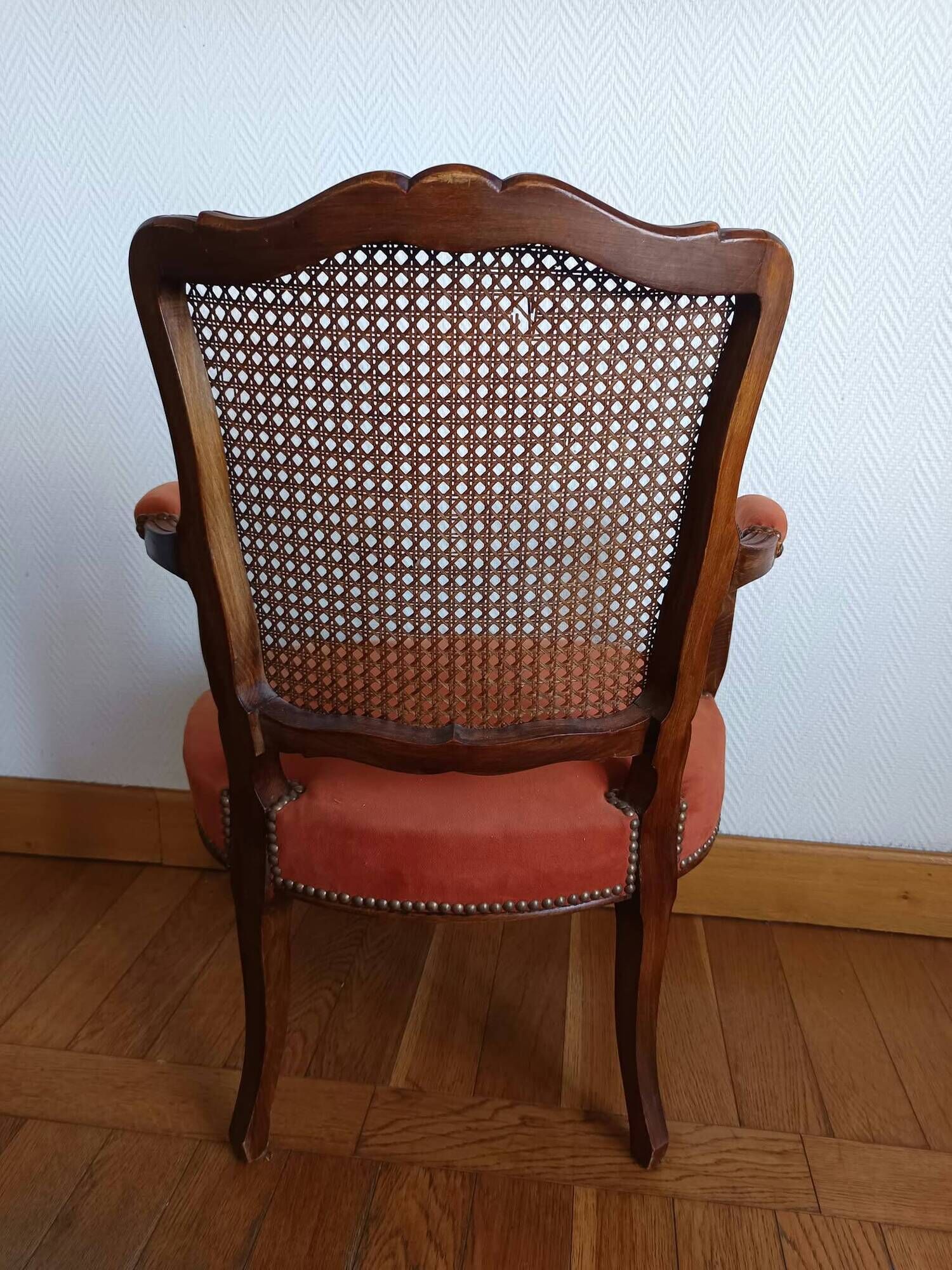 Fauteuil louis XV terracotta et cannage