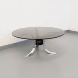 Table basse ronde vintage en verre, métal chromé et métal noir style Space Age des années 70