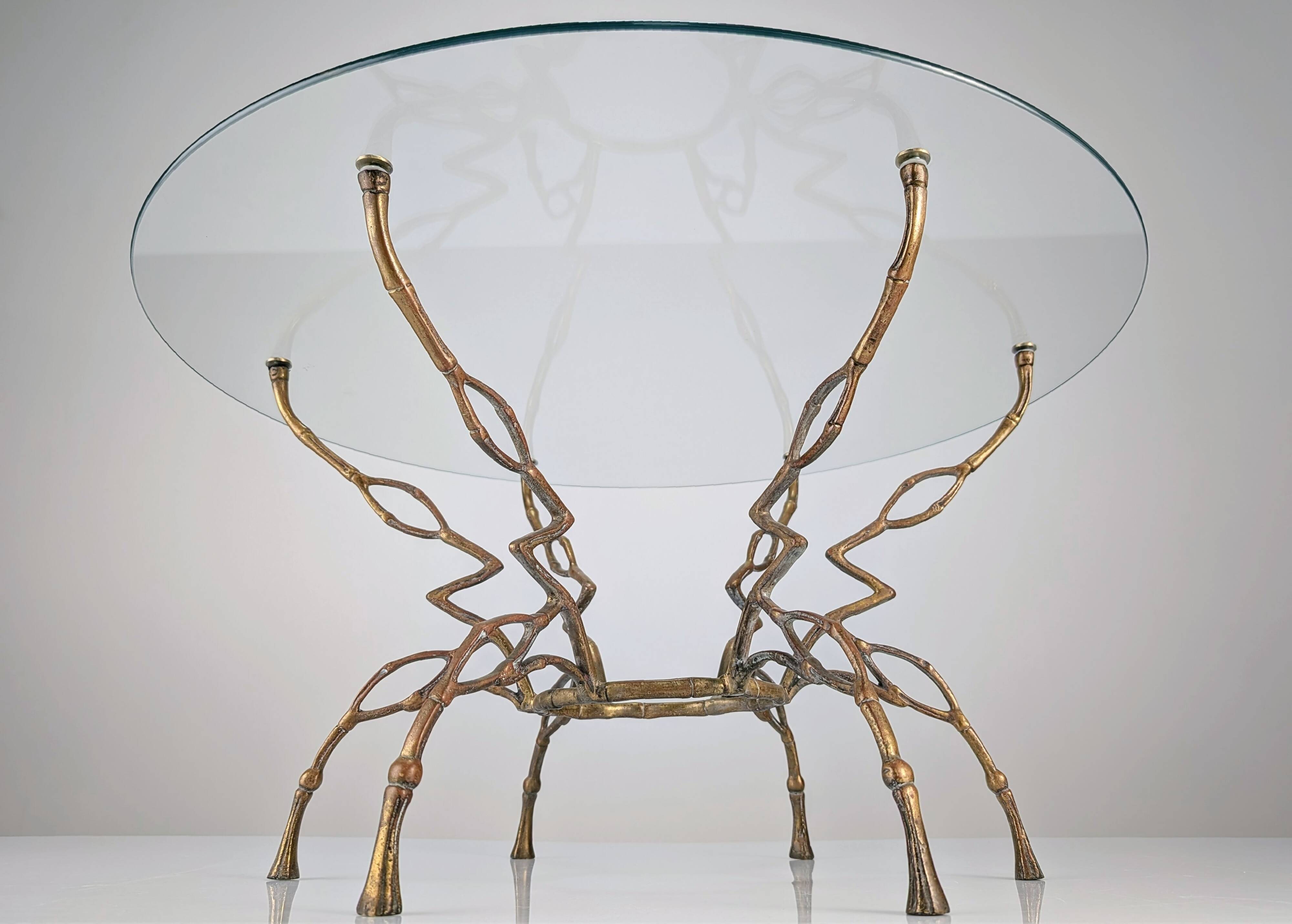 Zigzag Bronze Faux Bamboo Hollywood Regency Coffee Table, 1960s